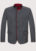 Men's Burgundy Trim Loden Janker Grey with burgundy red trim, stand collar, premium wool blend fabric, traditional Bavarian jacket, German heritage clothing, Alpine formalwear, Oktoberfest outfit, and classic Austrian fashion style