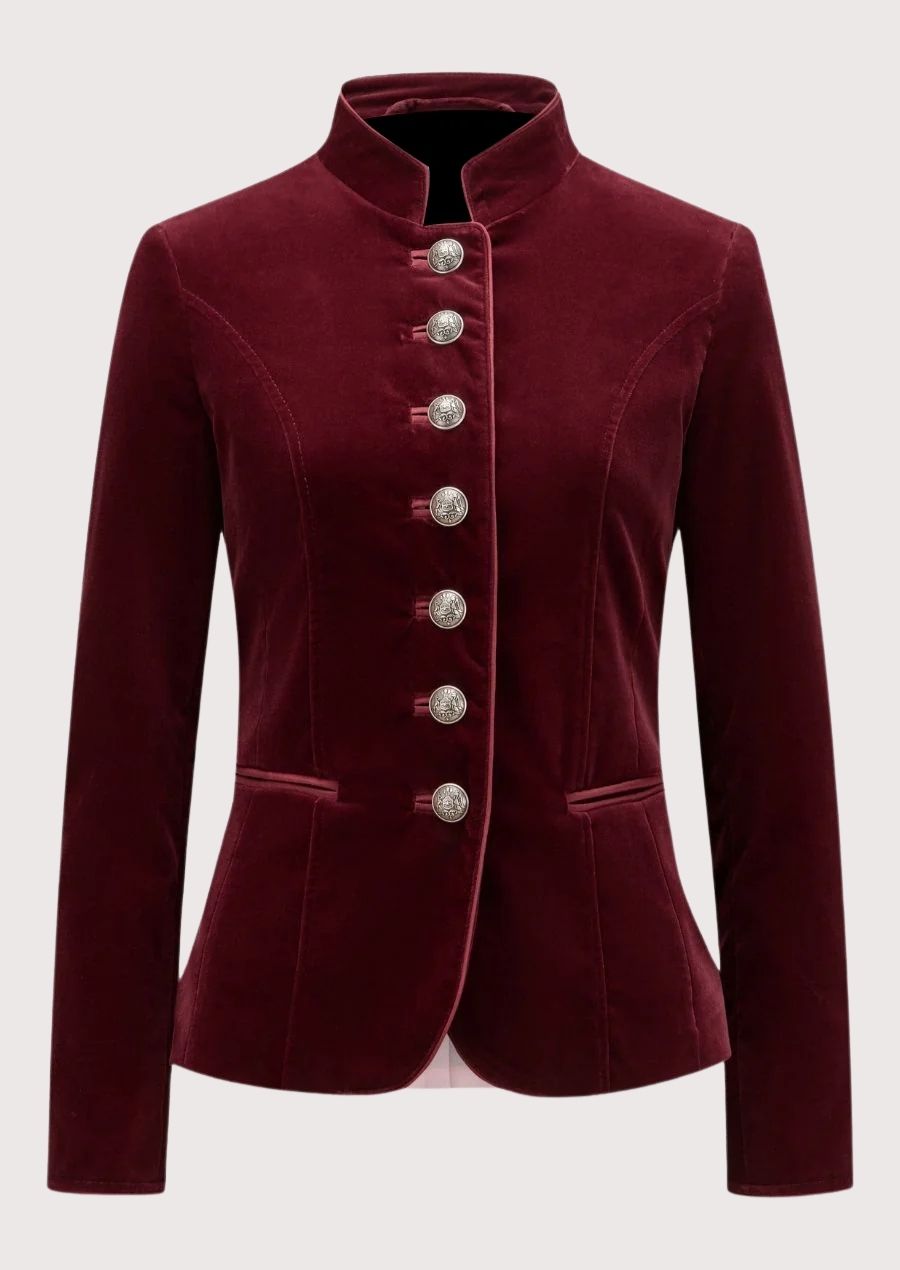 Burgundy Velvet Trachten Jacket with a stand collar, silver heritage buttons, tailored fit, and authentic Bavarian craftsmanship