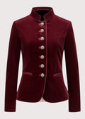 Burgundy Velvet Trachten Jacket with a stand collar, silver heritage buttons, tailored fit, and authentic Bavarian craftsmanship