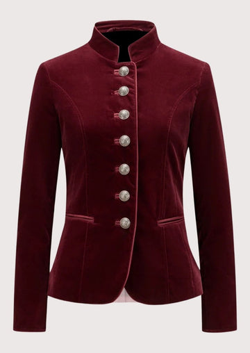 Burgundy Velvet Trachten Jacket with a stand collar, silver heritage buttons, tailored fit, and authentic Bavarian craftsmanship