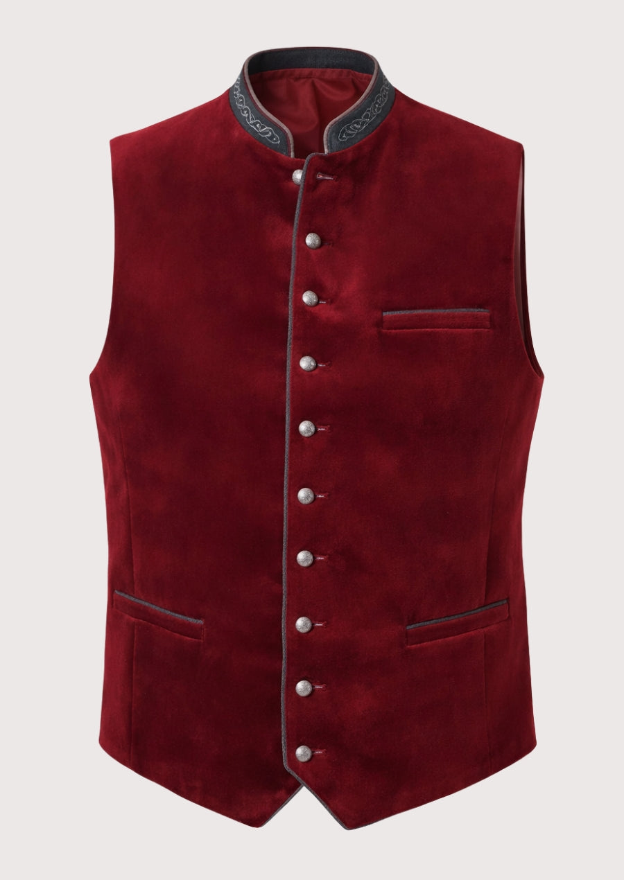 Burgundy Velvet Trachten Vest Men with stand collar, wine red Bavarian waistcoat, traditional German Oktoberfest vest, Alpine heritage clothing, authentic Trachten menswear, premium festival vest.