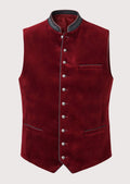 Burgundy Velvet Trachten Vest Men with stand collar, wine red Bavarian waistcoat, traditional German Oktoberfest vest, Alpine heritage clothing, authentic Trachten menswear, premium festival vest.