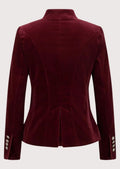 Burgundy women’s trachten jacket with velvet texture and decorative silver buttons.