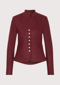 Burgundy women’s trachten jacket with fitted shape, stand collar, and traditional alpine buttons.

