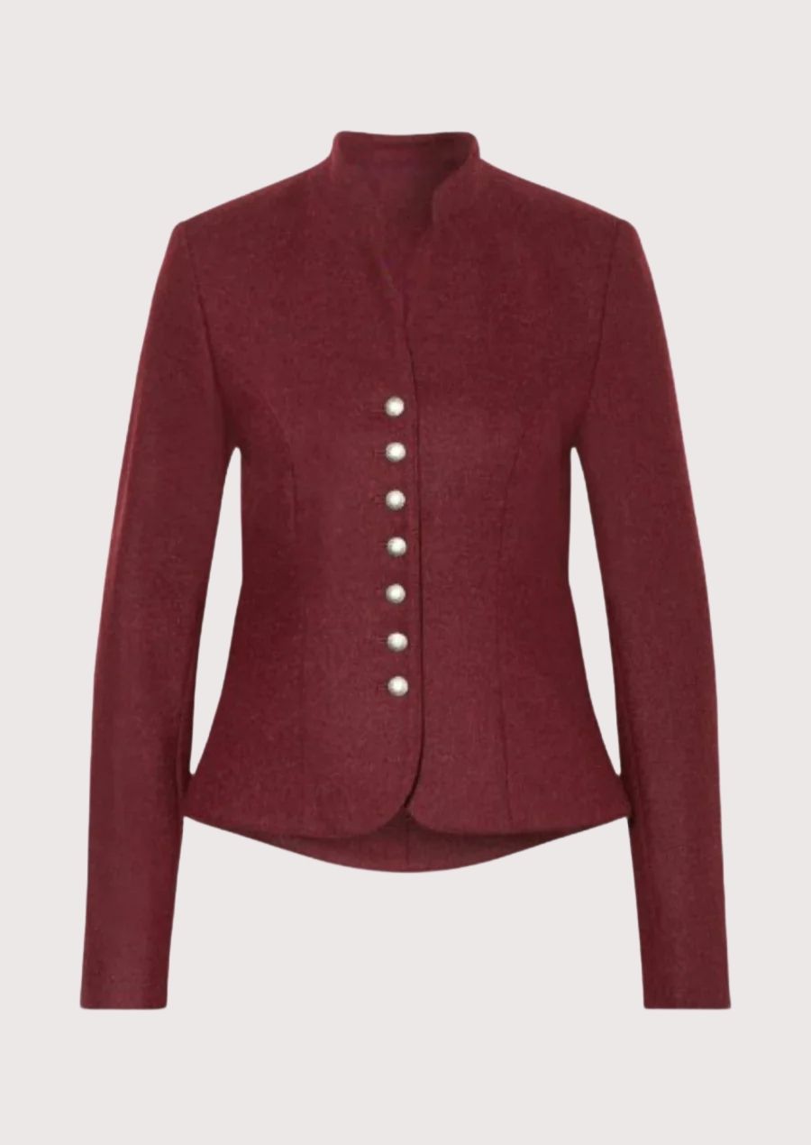 Burgundy women’s trachten jacket with fitted shape, stand collar, and traditional alpine buttons.
