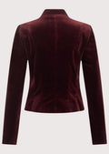 Burgundy women’s velvet alpine jacket with stand collar and slim fit.