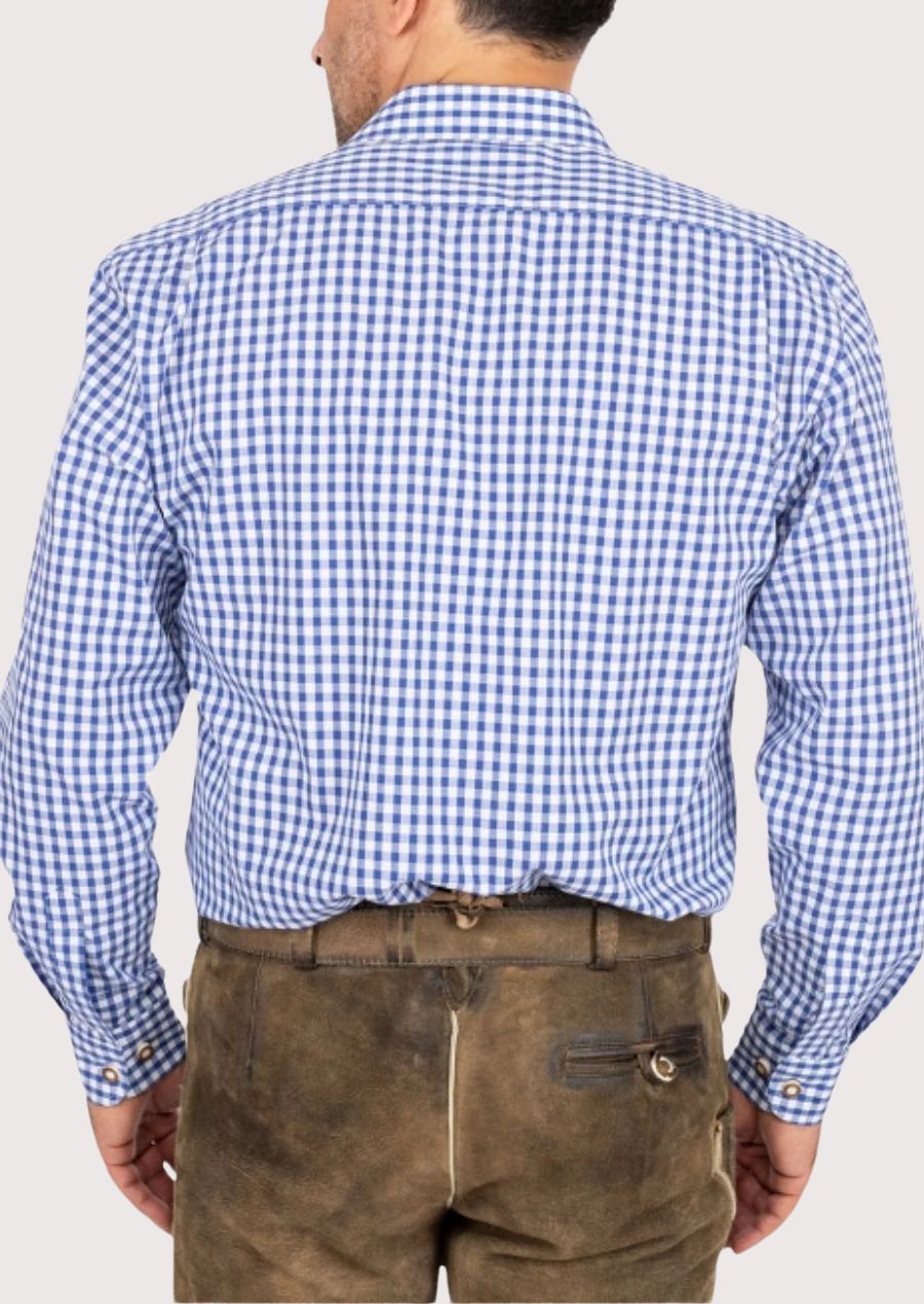 Casual men’s blue check shirt with rolled sleeves