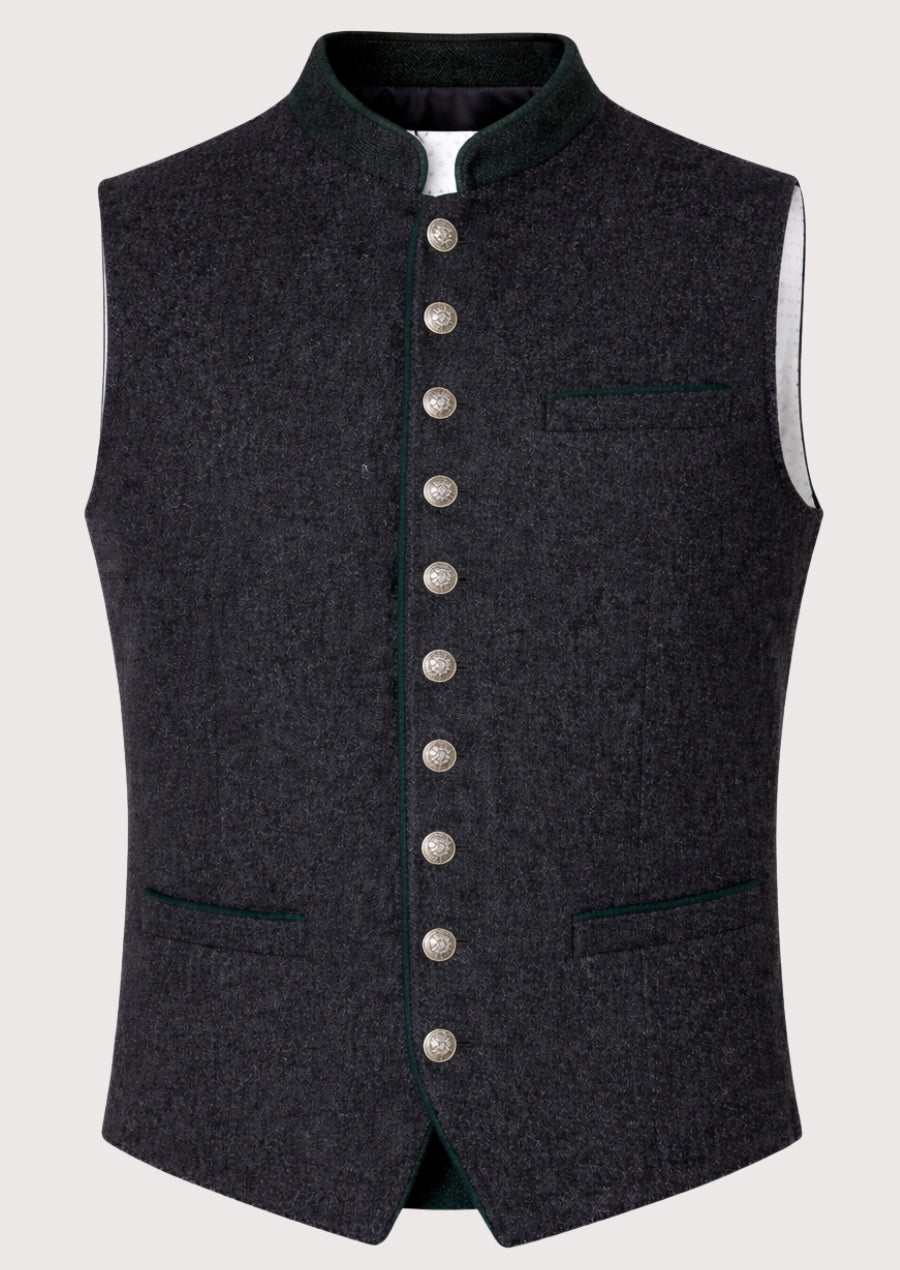 Charcoal Alpine Wool Vest Black Trim with green piping, premium wool Bavarian waistcoat, stand collar, silver buttons, traditional German Oktoberfest clothing.