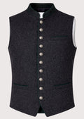 Charcoal Alpine Wool Vest Black Trim with green piping, premium wool Bavarian waistcoat, stand collar, silver buttons, traditional German Oktoberfest clothing.