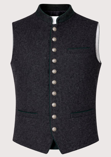 Charcoal Alpine Wool Vest Black Trim with green piping, premium wool Bavarian waistcoat, stand collar, silver buttons, traditional German Oktoberfest clothing.