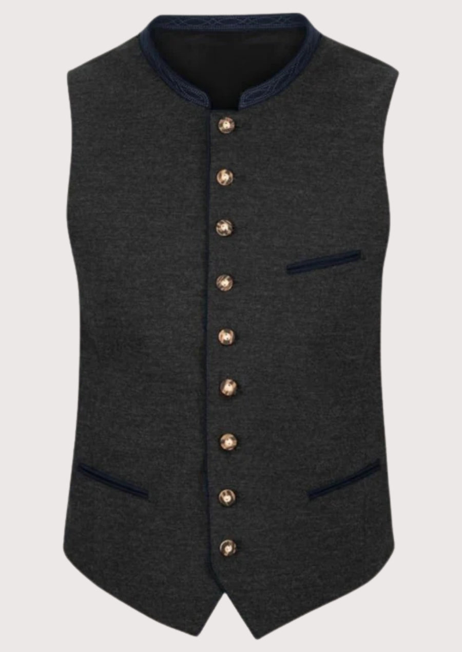 Charcoal Trachten vest for men with blue trim, premium Bavarian waistcoat, stand collar, metal buttons, traditional German Oktoberfest clothing and Alpine fashion.