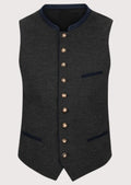 Charcoal Trachten vest for men with blue trim, premium Bavarian waistcoat, stand collar, metal buttons, traditional German Oktoberfest clothing and Alpine fashion.