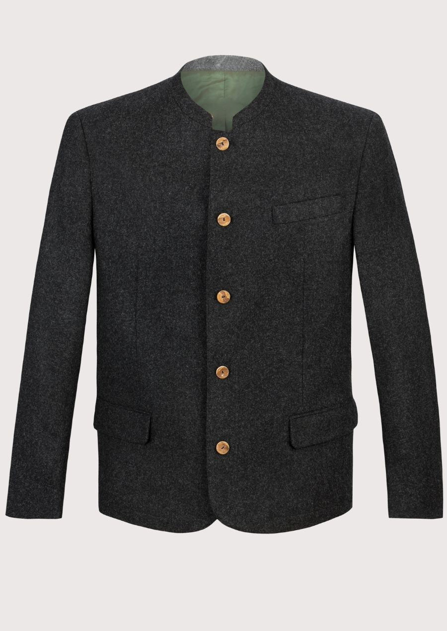 Men's Charcoal Bavarian Loden Jacket with stand collar, wooden buttons, premium wool blend fabric, Bavarian traditional jacket, Alpine formalwear, German heritage clothing, Oktoberfest outfit, and classic Austrian fashion style