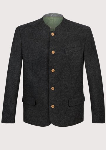 Men's Charcoal Bavarian Loden Jacket with stand collar, wooden buttons, premium wool blend fabric, Bavarian traditional jacket, Alpine formalwear, German heritage clothing, Oktoberfest outfit, and classic Austrian fashion style