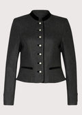Charcoal Bavarian Trachten Jacket featuring premium wool, black velvet trim, decorative buttons, and feminine tailored elegance.