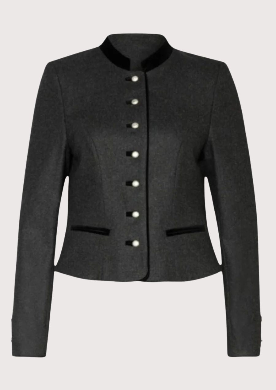 Charcoal Bavarian Trachten Jacket featuring premium wool, black velvet trim, decorative buttons, and feminine tailored elegance.