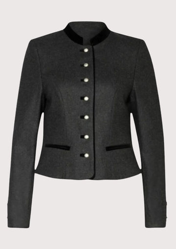 Charcoal Bavarian Trachten Jacket featuring premium wool, black velvet trim, decorative buttons, and feminine tailored elegance.