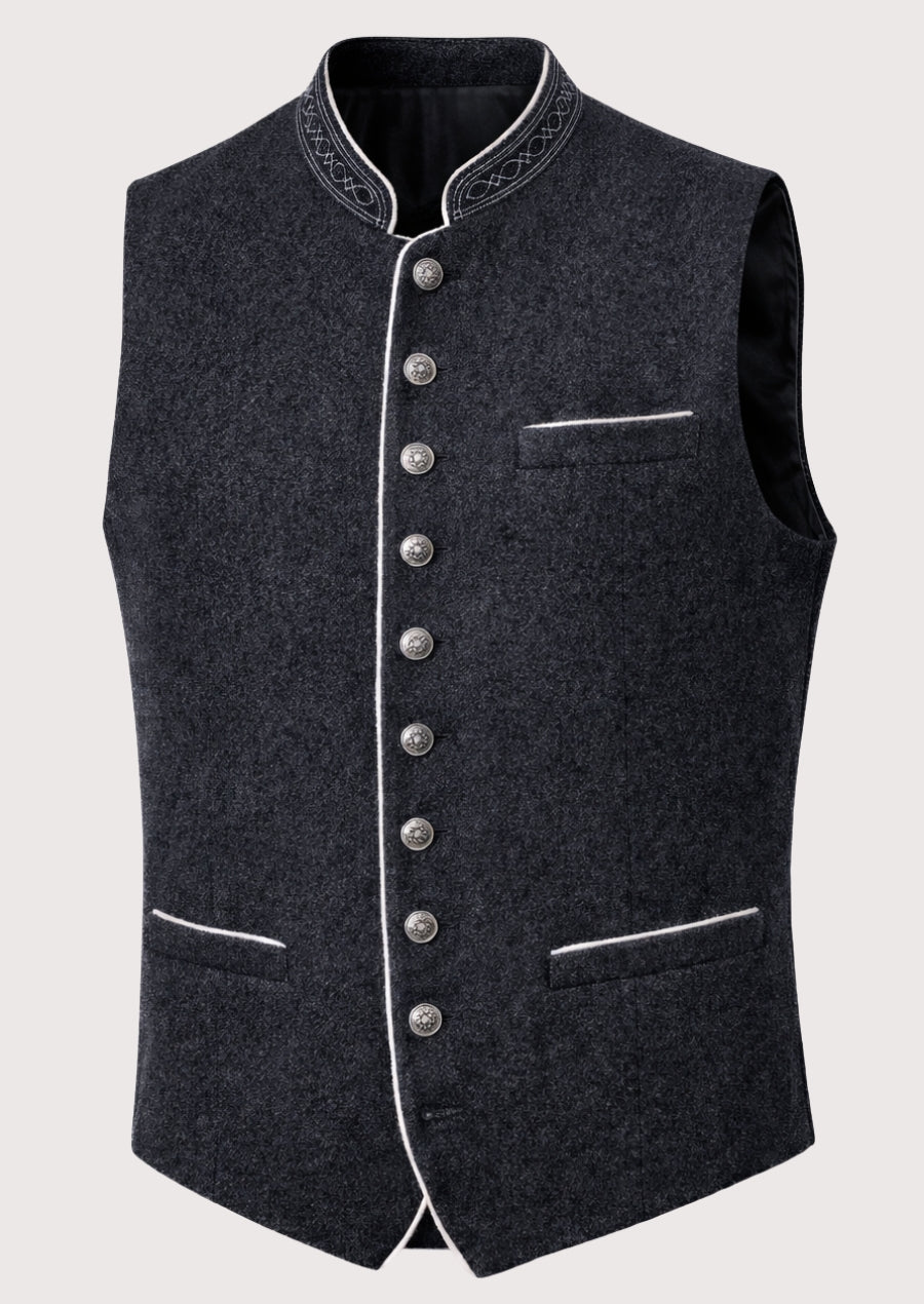 Charcoal Bavarian Vest Silver Trim for men with embroidered stand collar, white contrast piping, silver buttons, premium wool Bavarian waistcoat, Oktoberfest clothing.