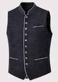 Charcoal Bavarian Vest Silver Trim for men with embroidered stand collar, white contrast piping, silver buttons, premium wool Bavarian waistcoat, Oktoberfest clothing.
