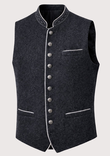 Charcoal Bavarian Vest Silver Trim for men with embroidered stand collar, white contrast piping, silver buttons, premium wool Bavarian waistcoat, Oktoberfest clothing.