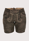Women's charcoal brown suede lederhosen shorts with tonal embroidery and authentic Bavarian craftsmanship.