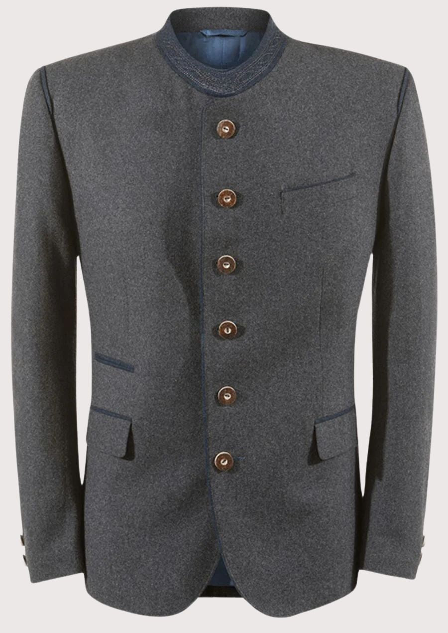 Charcoal grey men’s stand collar jacket with tailored fit