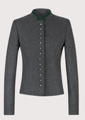 Charcoal Grey Trachten Jacket featuring premium wool fabric, green contrast edging, and sophisticated Alpine tailoring.