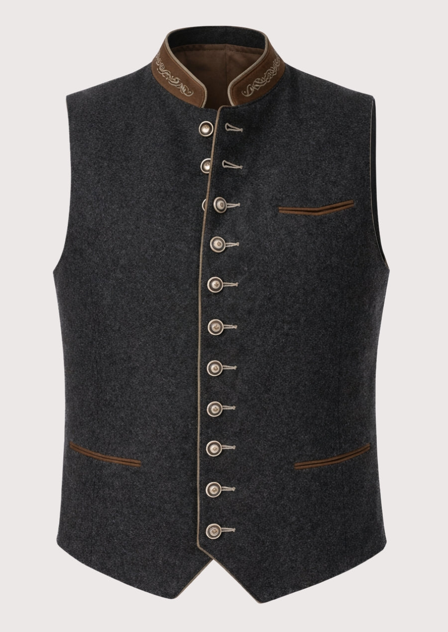 Charcoal grey Trachten vest with brown collar trim and buttons