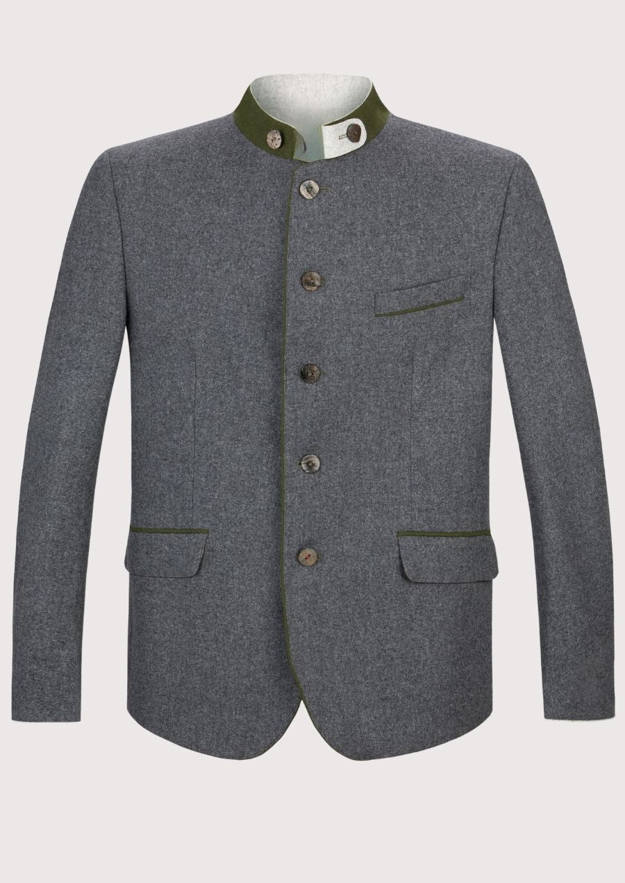 Men's Charcoal Loden Janker Olive Trim, green stand collar, premium wool blend fabric, Bavarian tailoring, traditional German jacket, Alpine heritage clothing, Oktoberfest menswear, classic Austrian style coat, and formal Trachten fashion