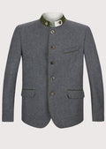 Men's Charcoal Loden Janker Olive Trim, green stand collar, premium wool blend fabric, Bavarian tailoring, traditional German jacket, Alpine heritage clothing, Oktoberfest menswear, classic Austrian style coat, and formal Trachten fashion