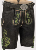 Charcoal Suede Lederhosen Green Vine with bright green embroidery and timeless Alpine character