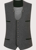 Charcoal Trachten Vest With Chain and green trim, traditional Bavarian waistcoat, front view, Oktoberfest clothing, white shirt, embroidered lederhosen, adjustable back strap.
