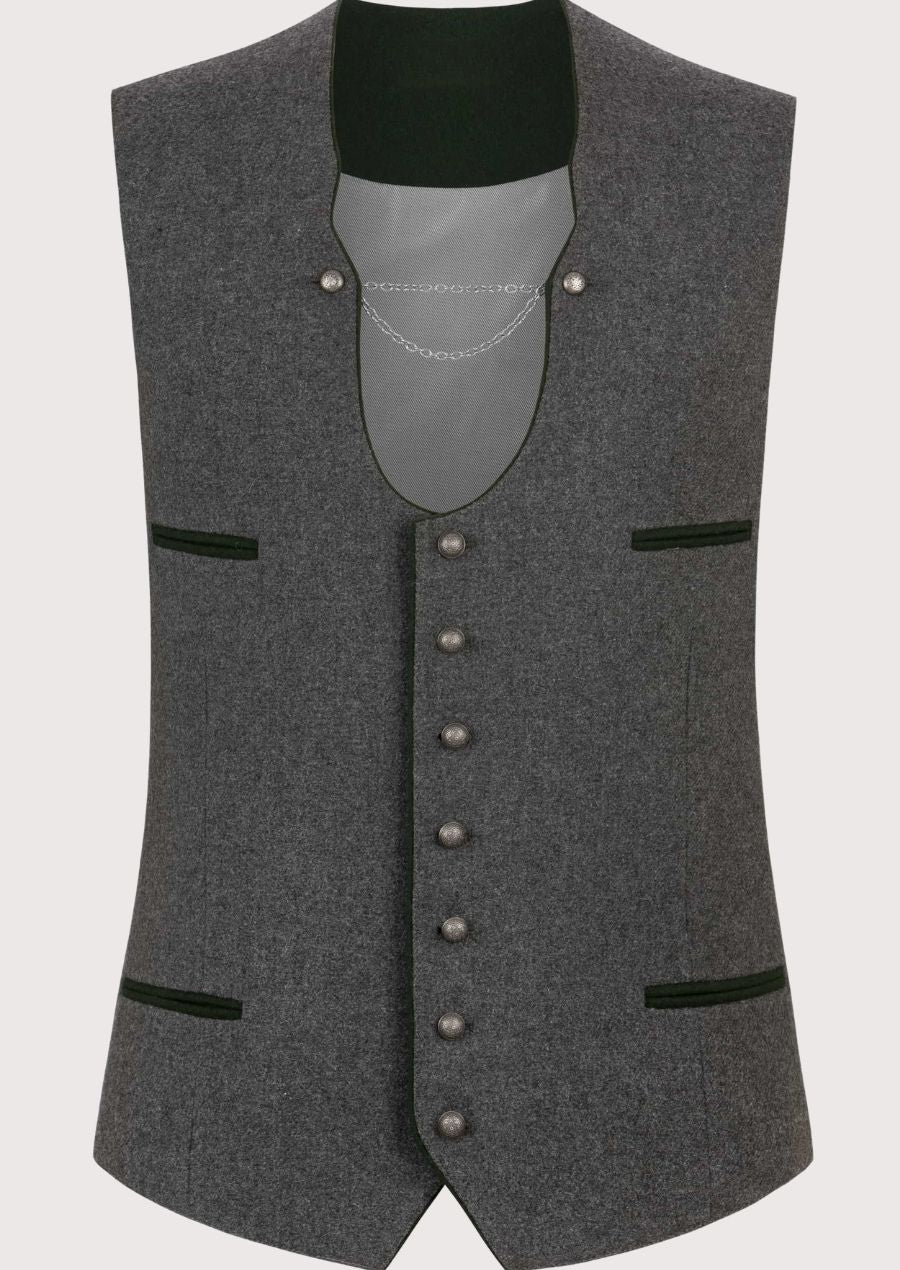 Charcoal Trachten Vest With Chain and green trim, traditional Bavarian waistcoat, front view, Oktoberfest clothing, white shirt, embroidered lederhosen, adjustable back strap.