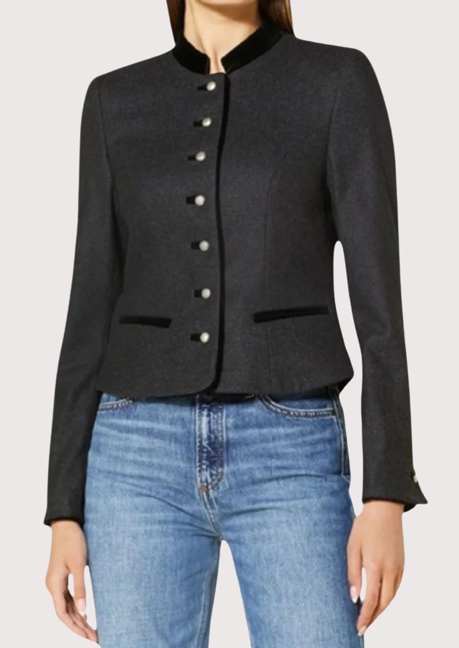 Charcoal Bavarian Trachten Jacket featuring premium wool, black velvet trim, decorative buttons, and feminine tailored elegance.