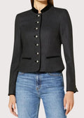 Women's charcoal grey Trachten wool jacket with black velvet collar, silver buttons, tailored fit, and classic Bavarian styling.