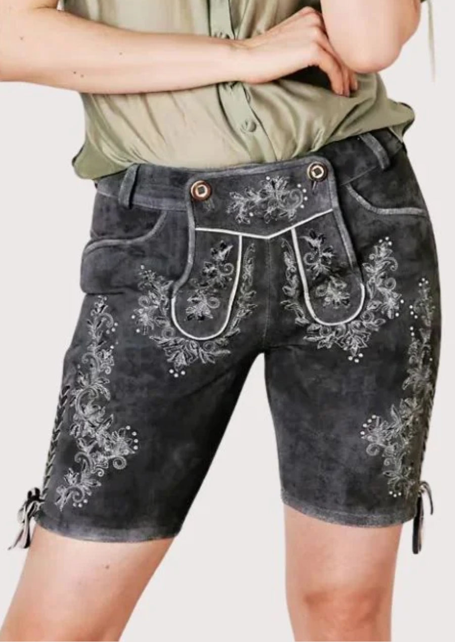 Charcoal women’s Bundhosen shorts featuring traditional alpine embroidery and a classic Bavarian fit for festive wear.