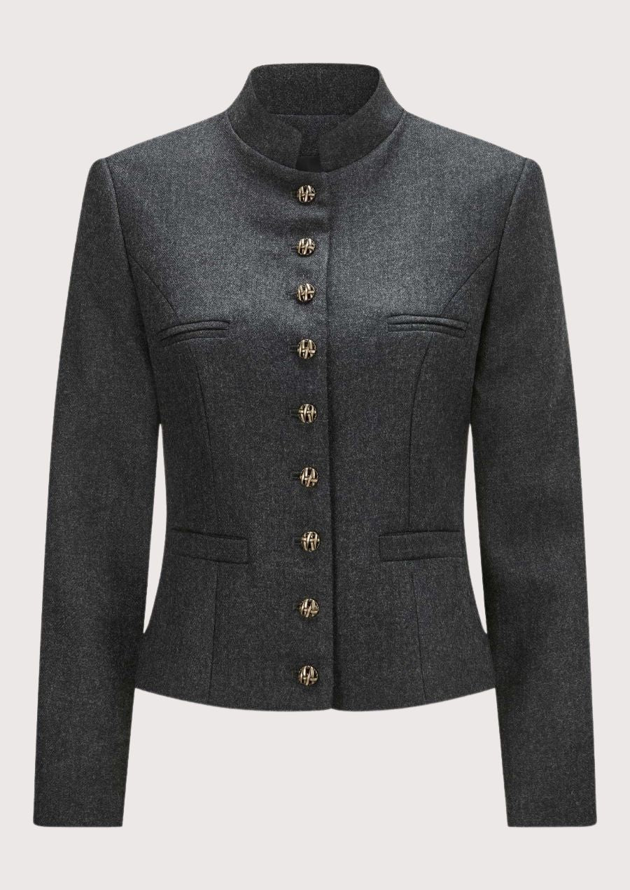 Charcoal women’s trachten jacket with stand collar, fitted waist, and traditional alpine buttons.