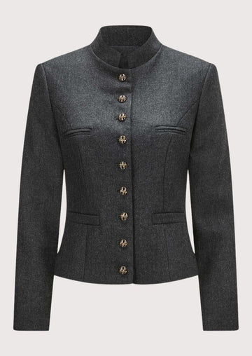 Charcoal women’s trachten jacket with stand collar, fitted waist, and traditional alpine buttons.