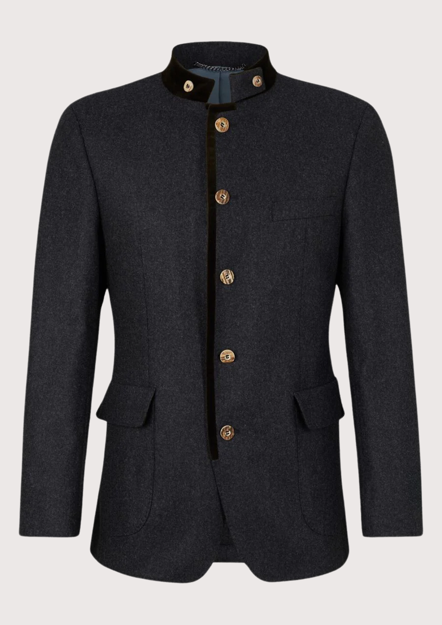 Men's Charcoal Wool Bavarian Velvet Coat with stand collar, decorative metal buttons, flap pockets, premium Bavarian blazer, traditional German jacket, Alpine formalwear, Oktoberfest clothing, heritage menswear, and classic Trachten fashion