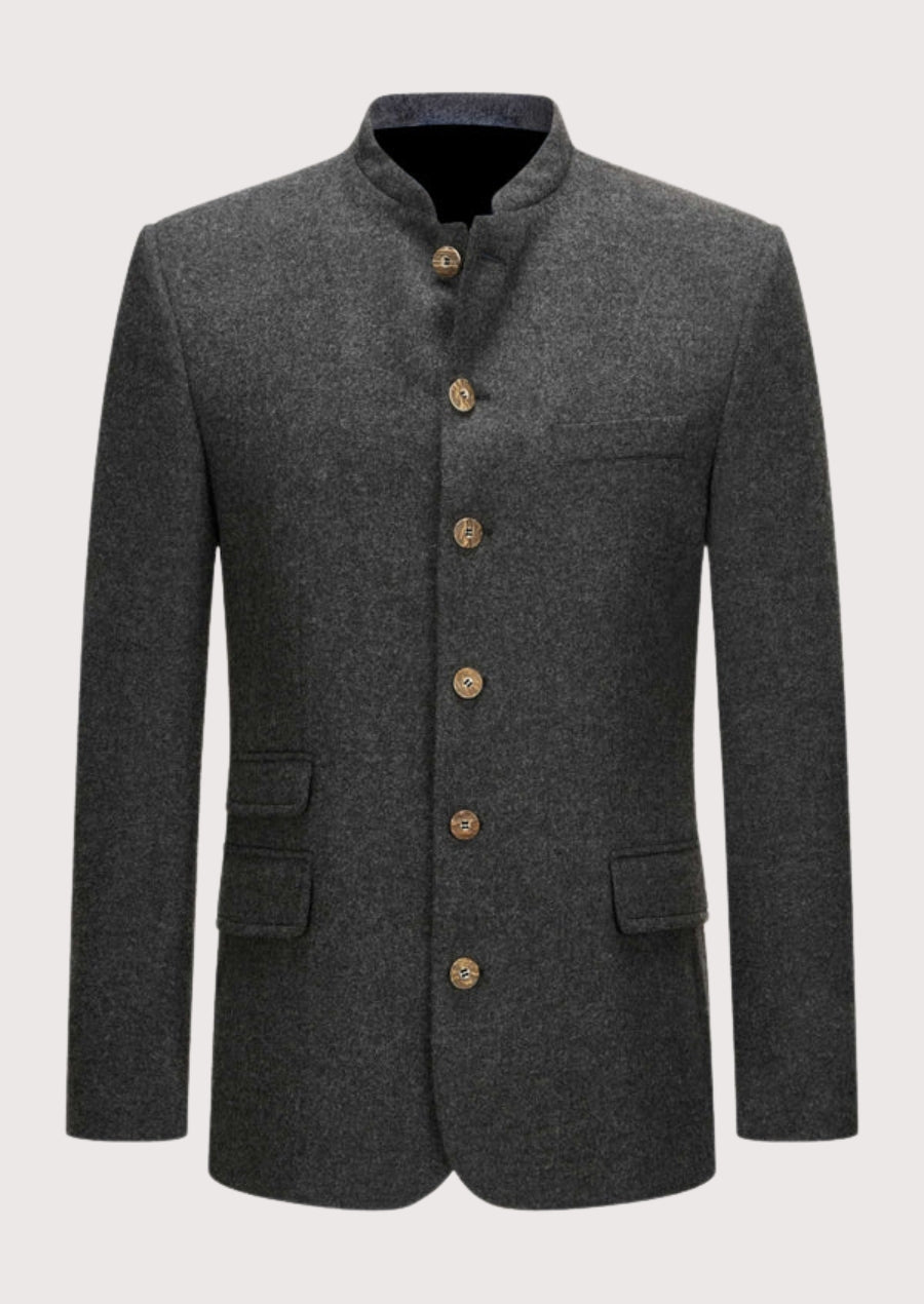 Charcoal grey wool Trachten jacket shown from front and back, featuring stand collar, wooden buttons, tailored fit, and traditional Bavarian alpine styling.