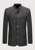 Charcoal grey wool Trachten jacket shown from front and back, featuring stand collar, wooden buttons, tailored fit, and traditional Bavarian alpine styling.
