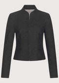 Women's charcoal Trachten jacket with stand-up collar, tailored fitted silhouette, concealed front closure, traditional Bavarian Alpine wool jacket, authentic German heritage fashion.