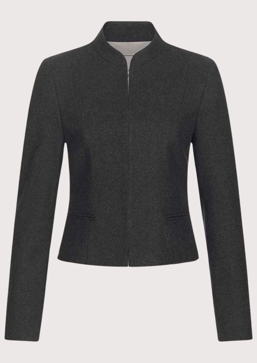 Women's charcoal Trachten jacket with stand-up collar, tailored fitted silhouette, concealed front closure, traditional Bavarian Alpine wool jacket, authentic German heritage fashion.