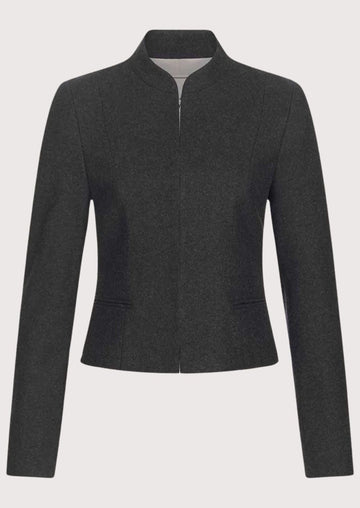 Women's charcoal Trachten jacket with stand-up collar, tailored fitted silhouette, concealed front closure, traditional Bavarian Alpine wool jacket, authentic German heritage fashion.