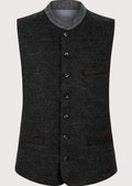 Charcoal Trachten vest for men with grey stand collar, traditional Bavarian waistcoat, Oktoberfest clothing, white shirt, embroidered lederhosen, German Alpine menswear.