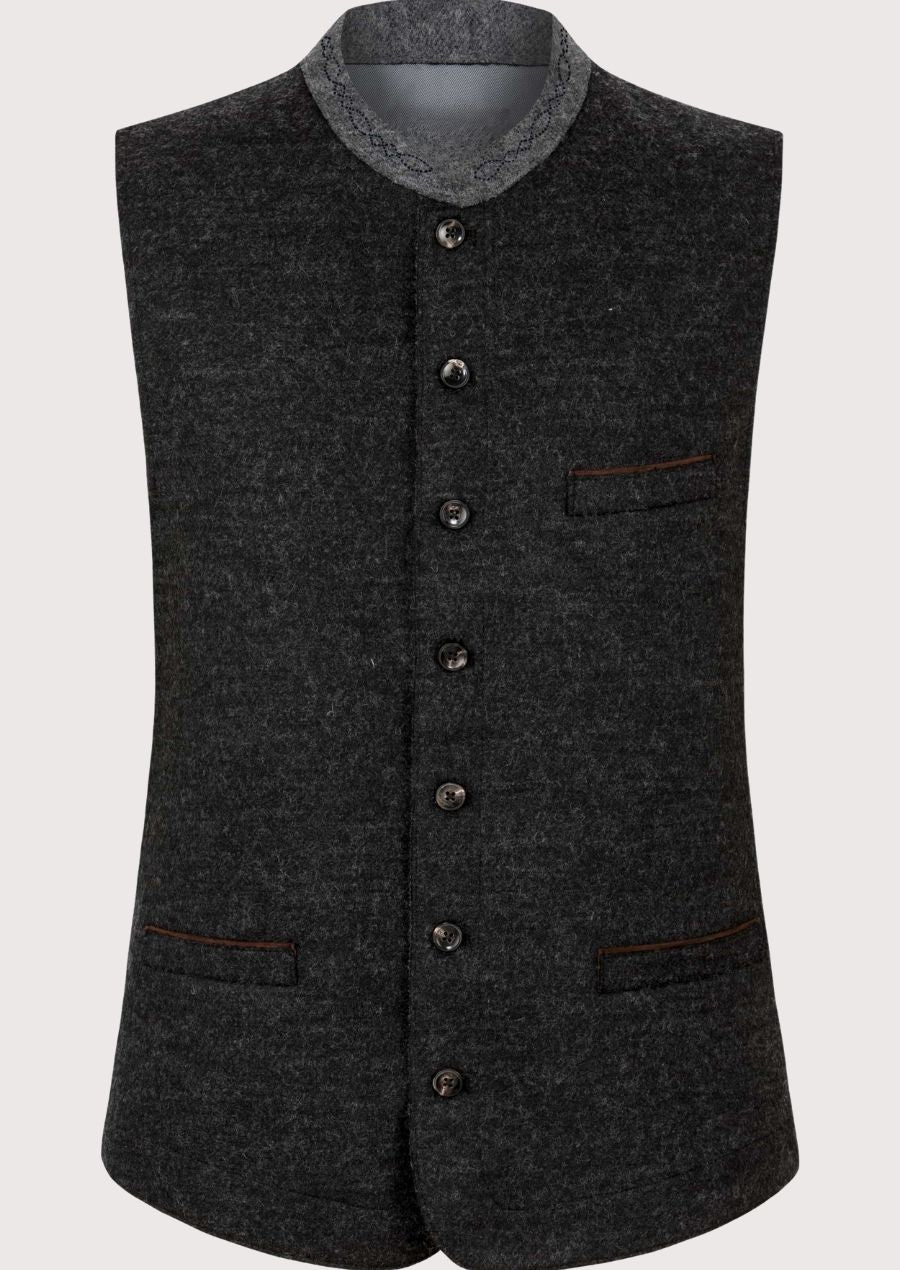 Charcoal Trachten vest for men with grey stand collar, traditional Bavarian waistcoat, Oktoberfest clothing, white shirt, embroidered lederhosen, German Alpine menswear.