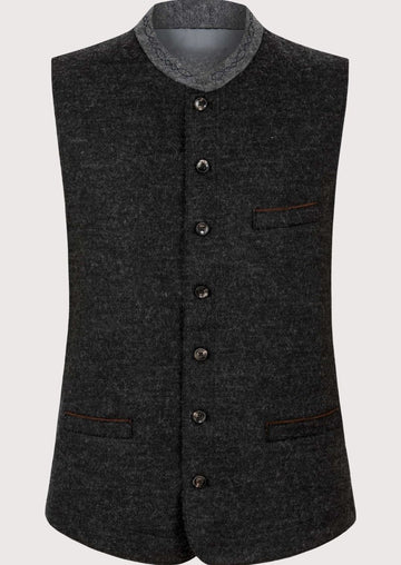 Charcoal Trachten vest for men with grey stand collar, traditional Bavarian waistcoat, Oktoberfest clothing, white shirt, embroidered lederhosen, German Alpine menswear.