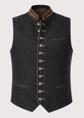 Charcoal Trachten vest for men with brown stand collar, Bavarian wool waistcoat, traditional German Oktoberfest vest, Alpine heritage clothing, authentic Trachten menswear, classic Tyrolean vest.