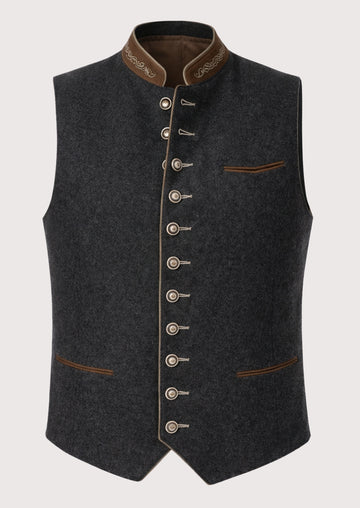 Charcoal Trachten vest for men with brown stand collar, Bavarian wool waistcoat, traditional German Oktoberfest vest, Alpine heritage clothing, authentic Trachten menswear, classic Tyrolean vest.