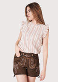 Chic Bavarian lederhosen for women featuring premium suede leather, floral embroidery, and heritage-inspired craftsmanship.